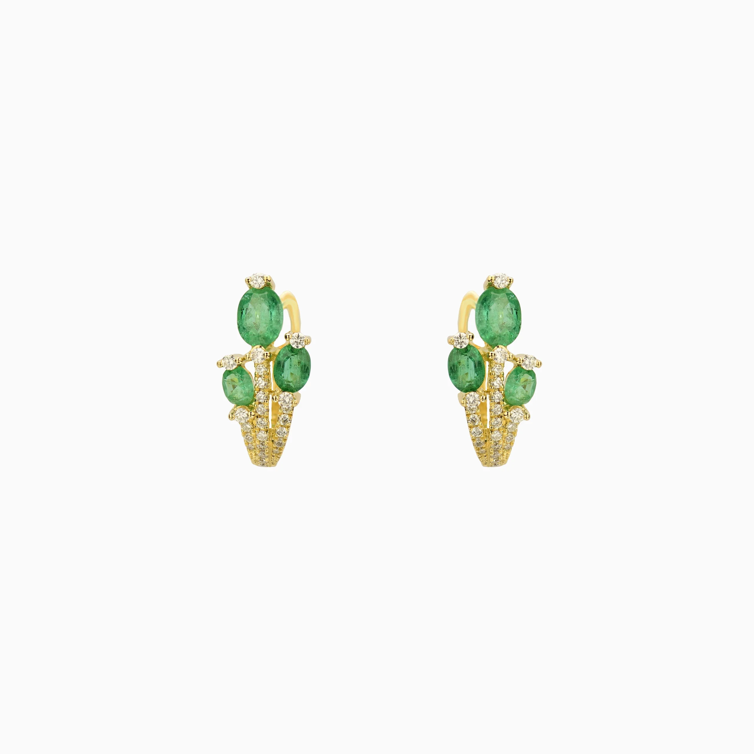 18kt Yellow Gold Emeralds Earrings set with 3 Emeralds and White Diamonds