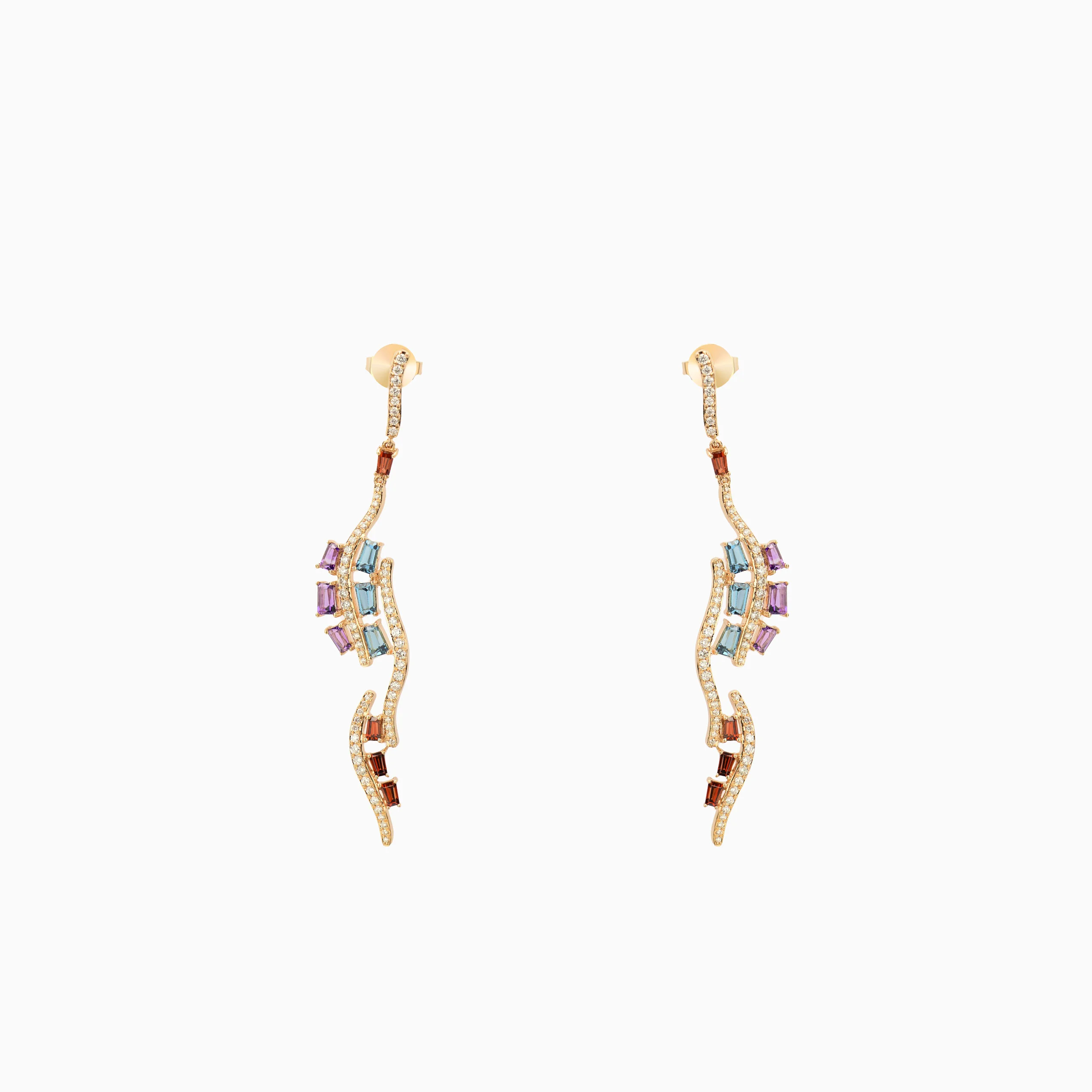 18kt Yellow Gold dangling Rubies Diamond and Emeralds Earrings