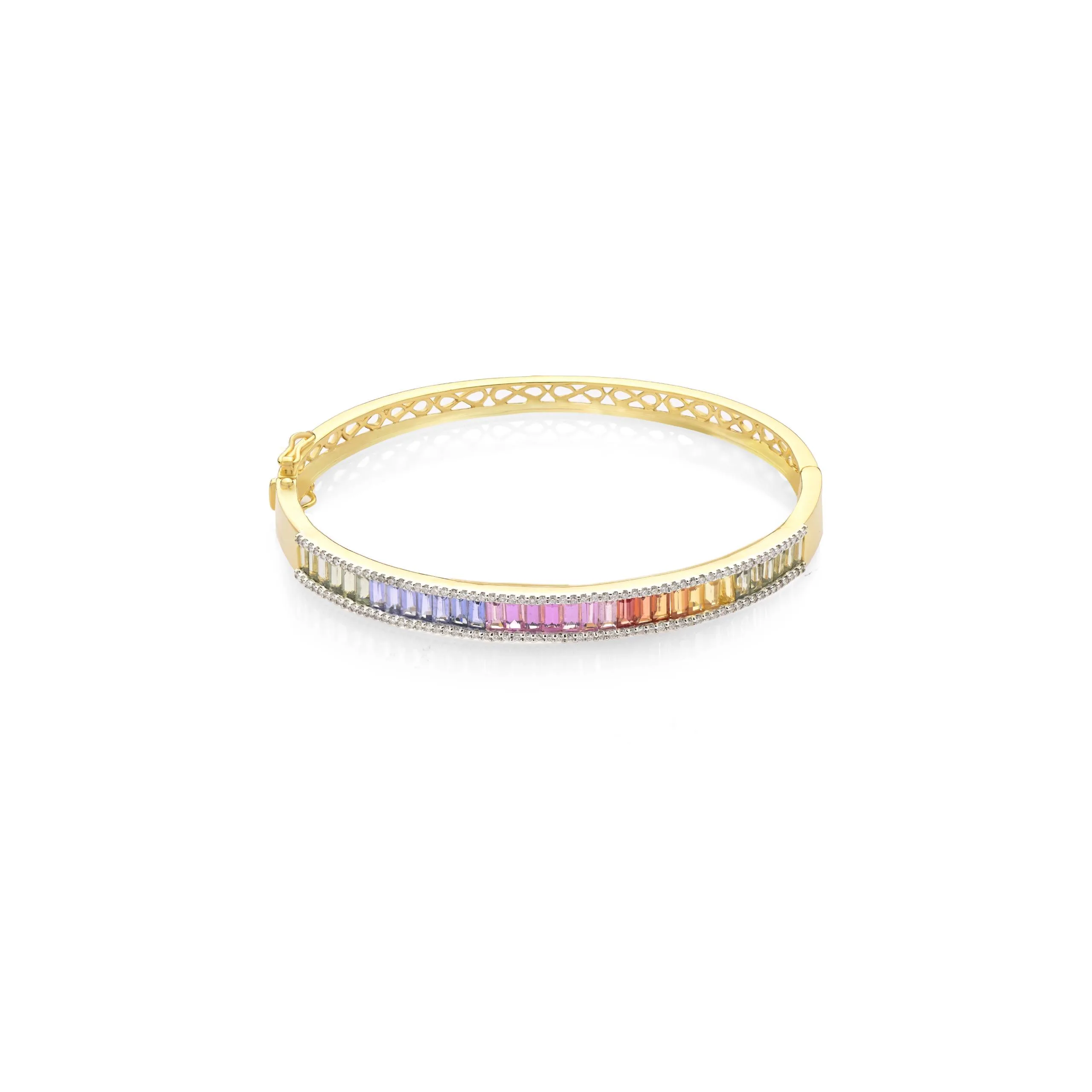 18KT YELLOW GOLD BANGLE WITH MULTI COLORED SAPPHIRES AND DIAMONDS