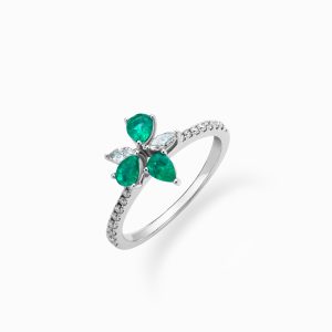 14KT White Gold Ring With Emeralds And Diamonds