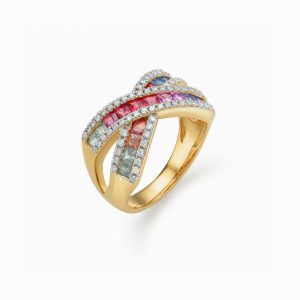 18KT Yellow Gold Ring With Colored Sapphires & Diamonds